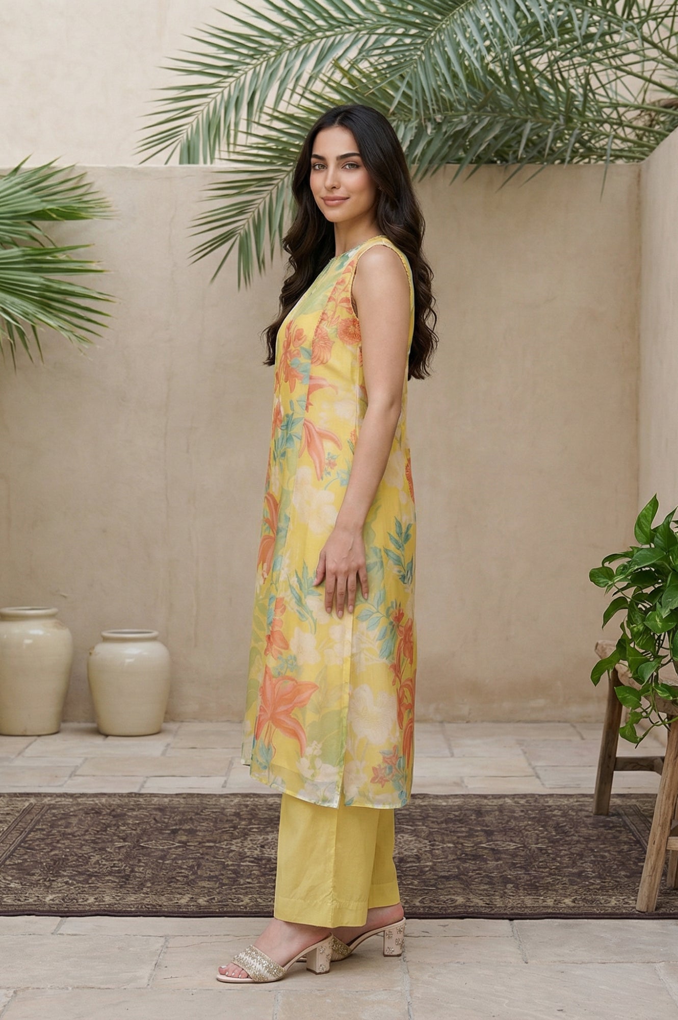 Yellow Floral Printed Straight Kurta with Flared Pant and Dupatta Set