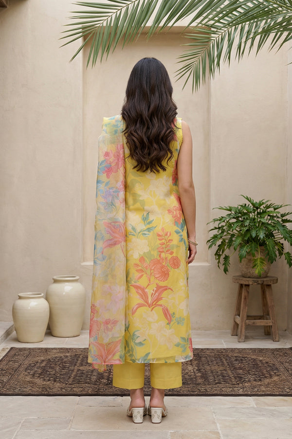 Yellow Floral Printed Straight Kurta with Flared Pant and Dupatta Set