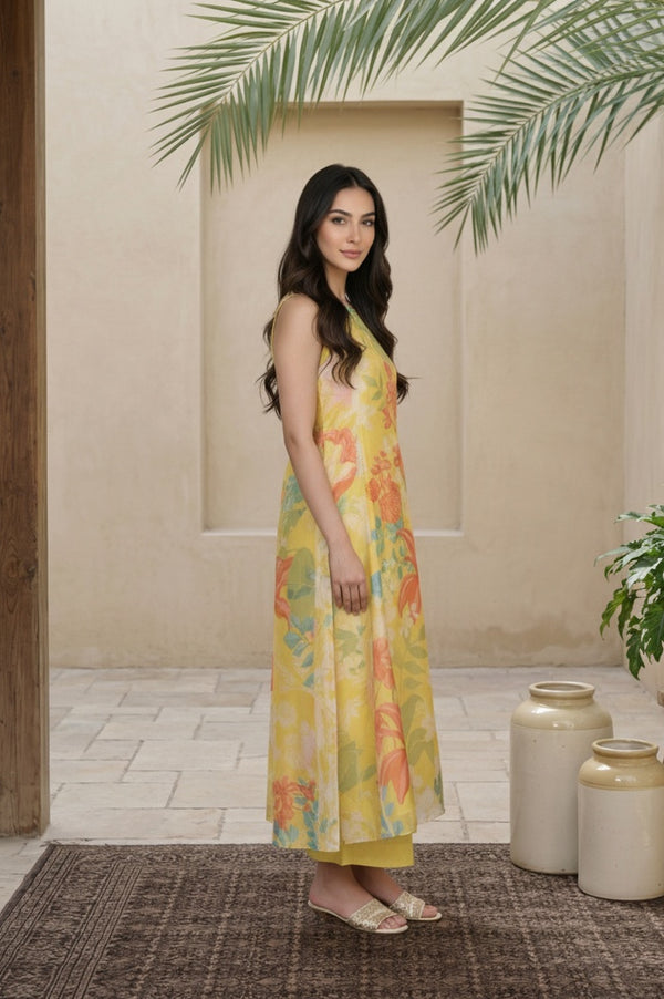 Yellow Floral Printed Straight Kurta with Flared Pant and Dupatta Set