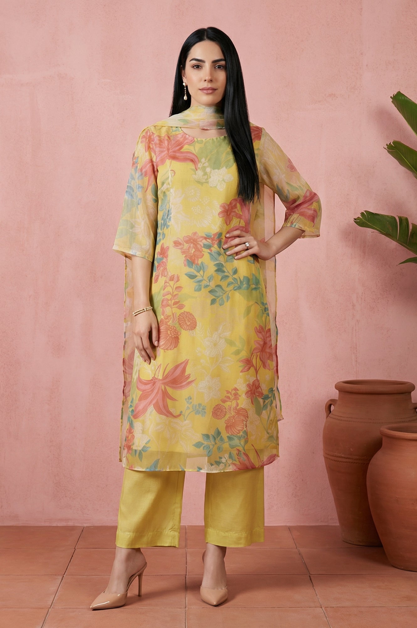 Yellow Floral Printed Organza Straight Kurta with Pants and Dupatta Set