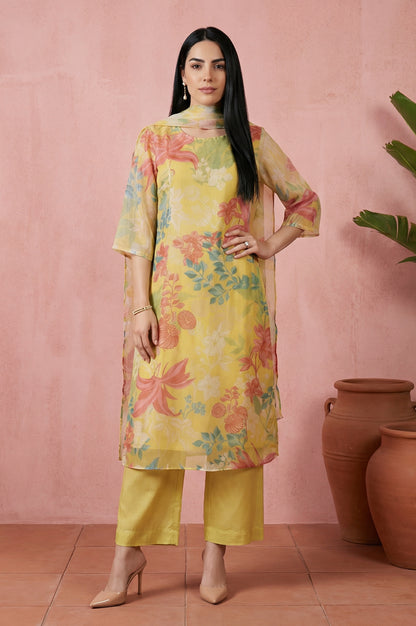 Yellow Floral Printed Organza Straight Kurta with Pants and Dupatta Set