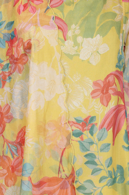 Yellow Floral Printed Organza Straight Kurta with Pants and Dupatta Set