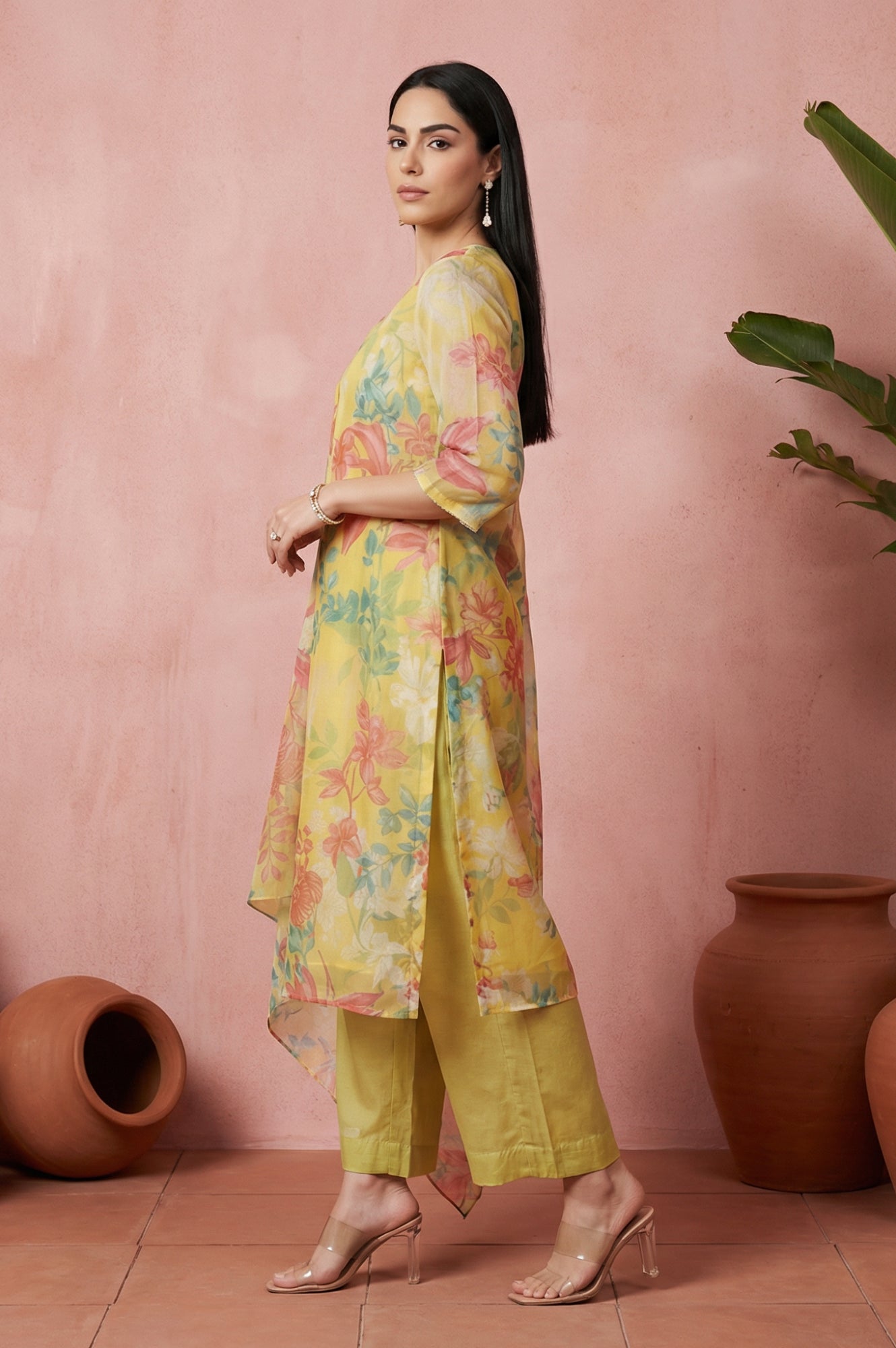 Yellow Floral Printed Organza Straight Kurta with Pants and Dupatta Set