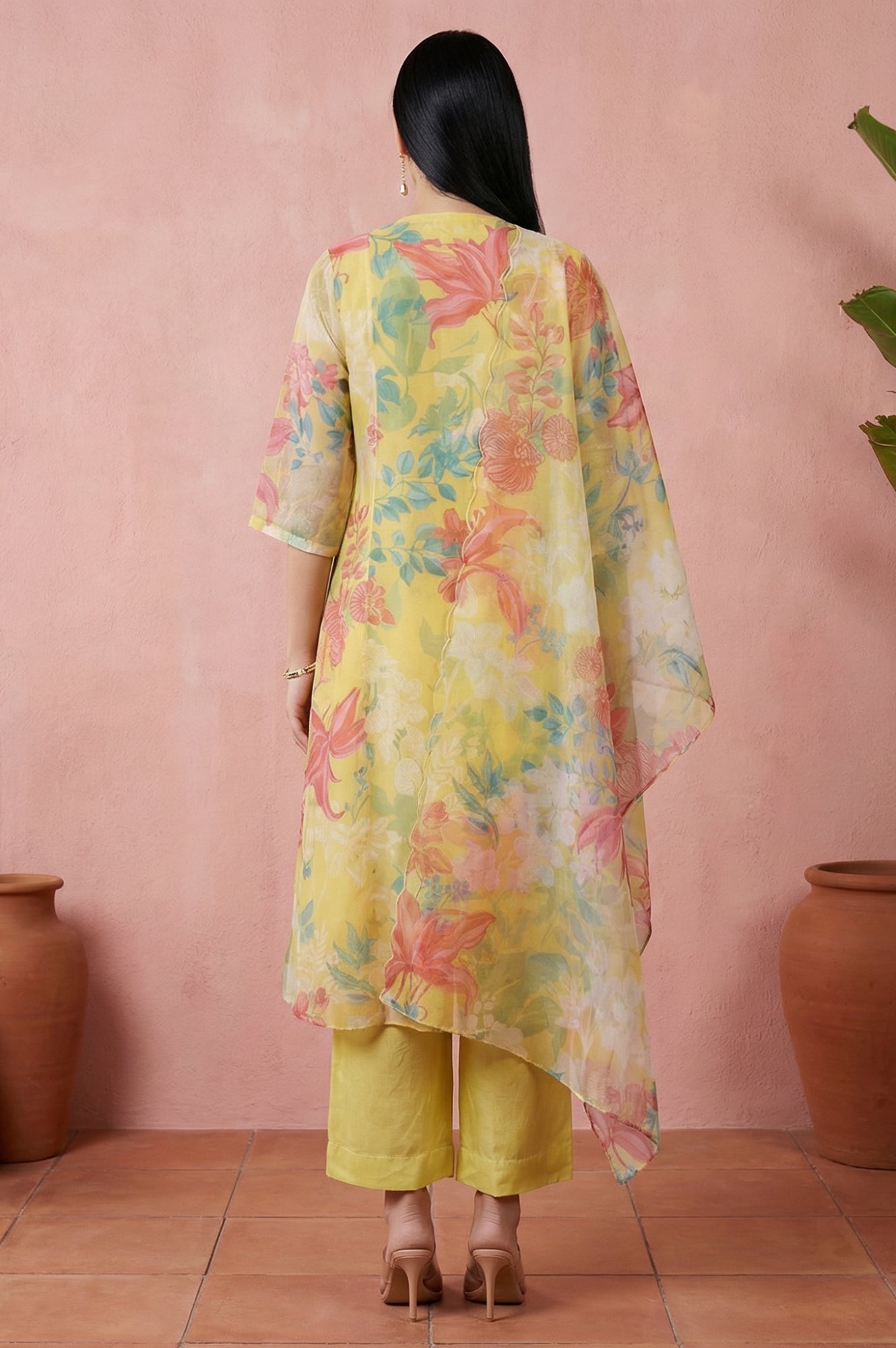 Yellow Floral Printed Organza Straight Kurta with Pants and Dupatta Set