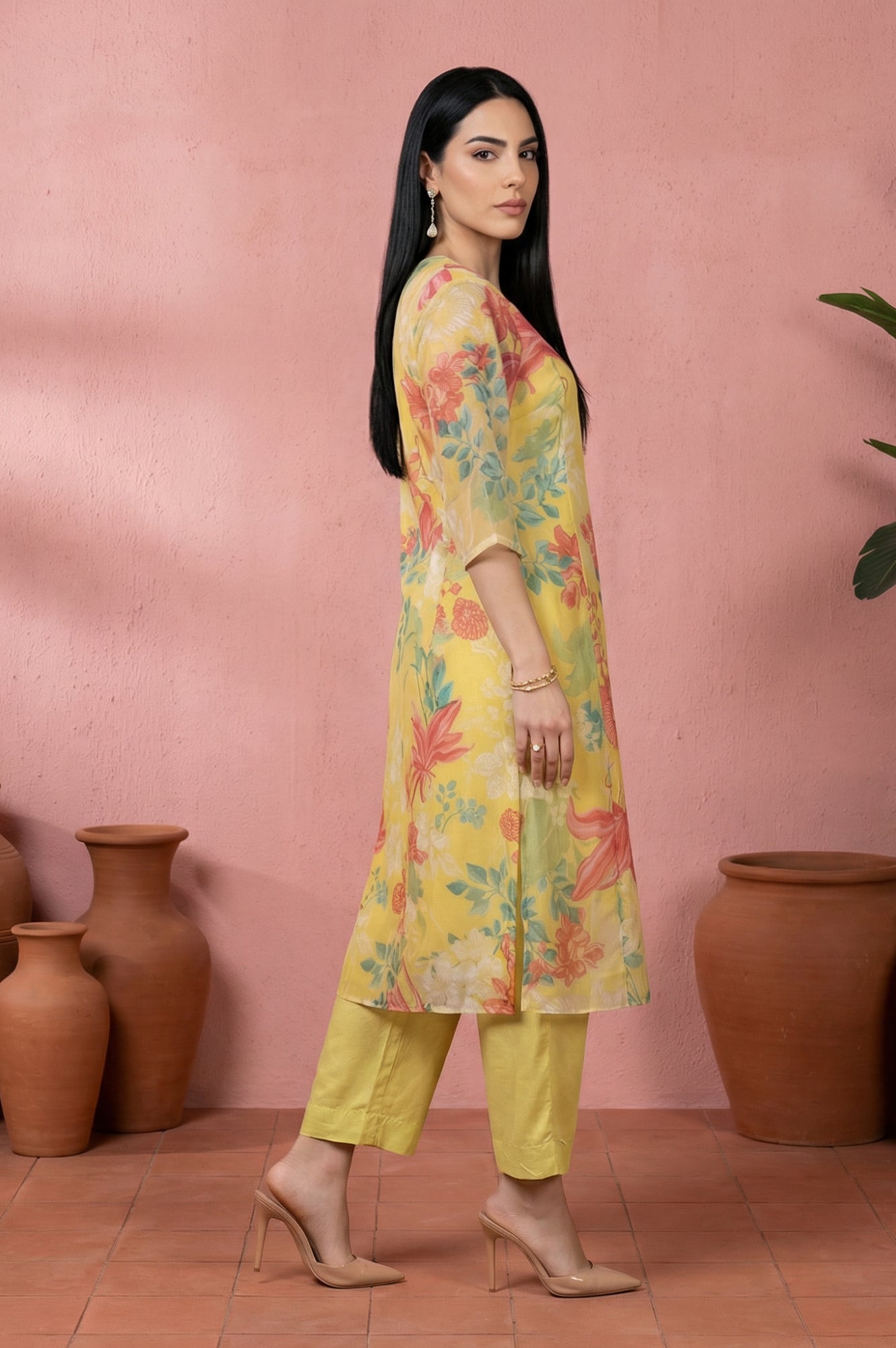 Yellow Floral Printed Organza Straight Kurta with Pants and Dupatta Set