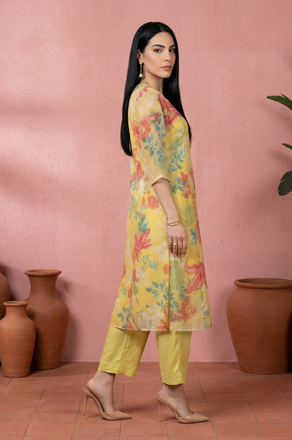 Yellow Floral Printed Organza Straight Kurta with Pants and Dupatta Set