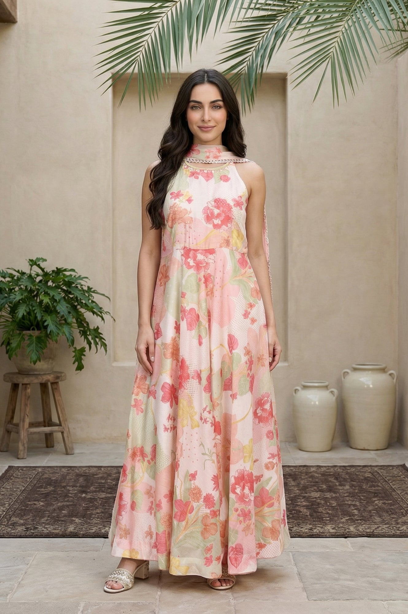 Pink Floral Printed Flared Dress with Dupatta Set