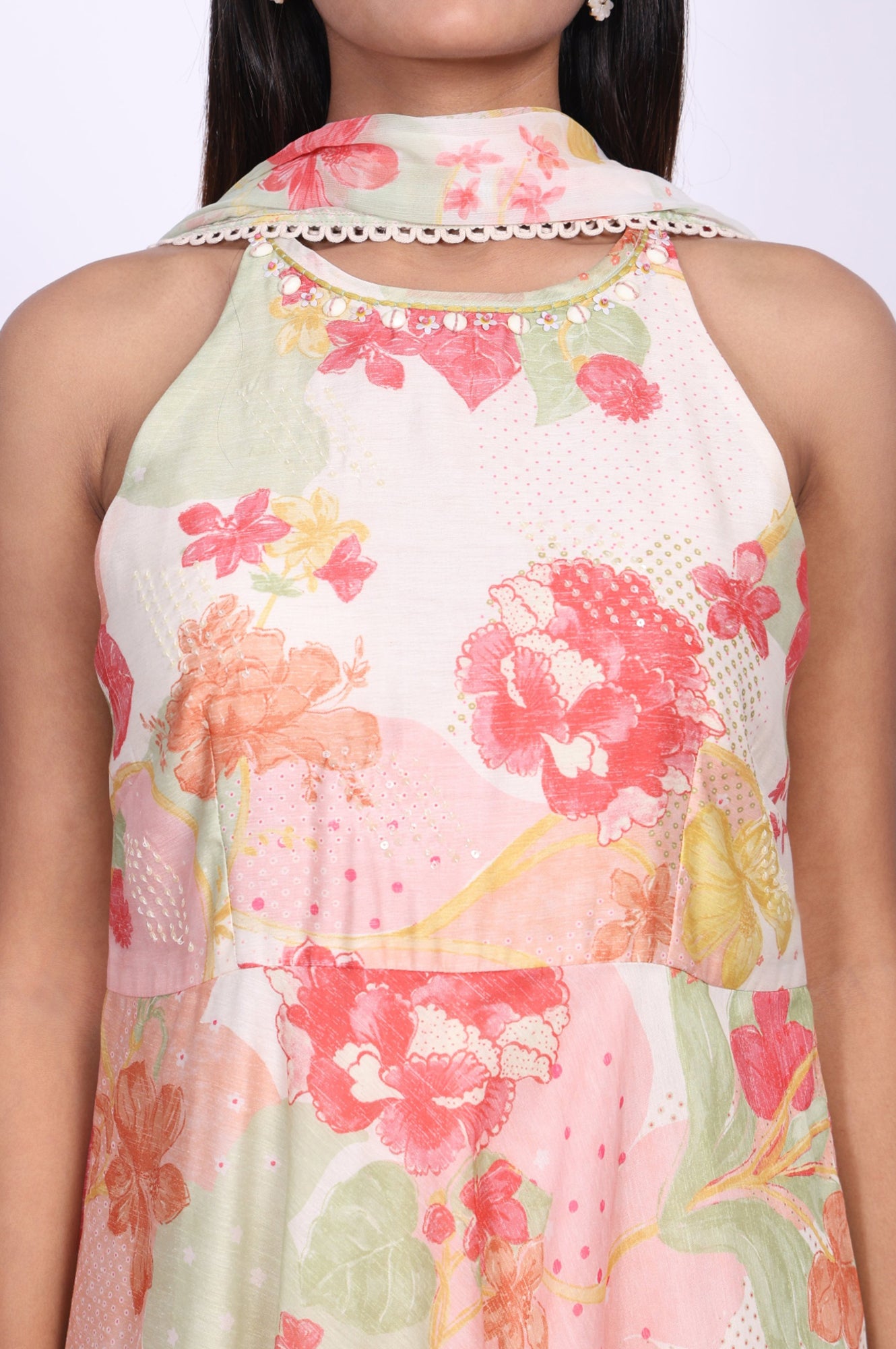 Pink Floral Printed Flared Dress with Dupatta Set