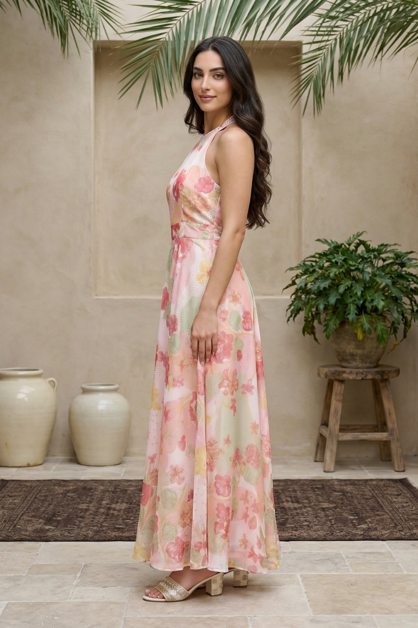 Pink Floral Printed Flared Dress with Dupatta Set
