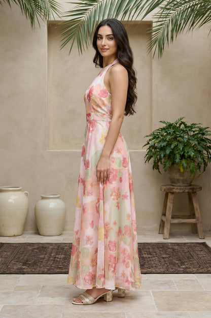 Pink Floral Printed Flared Dress with Dupatta Set