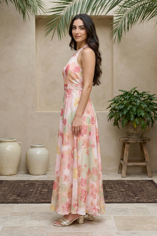 Pink Floral Printed Flared Dress with Dupatta Set
