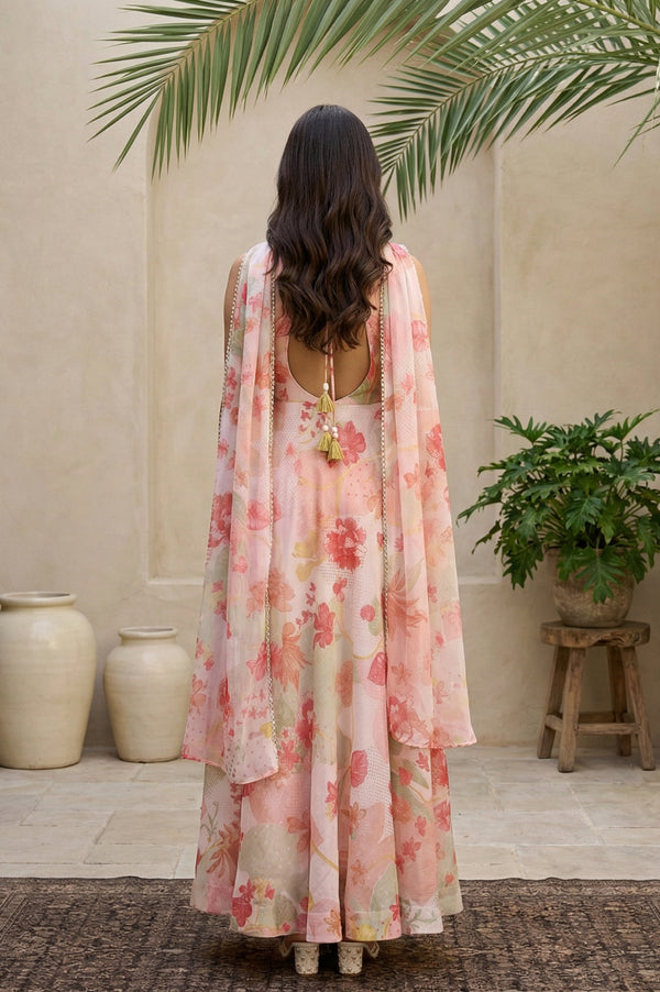 Pink Floral Printed Flared Dress with Dupatta Set