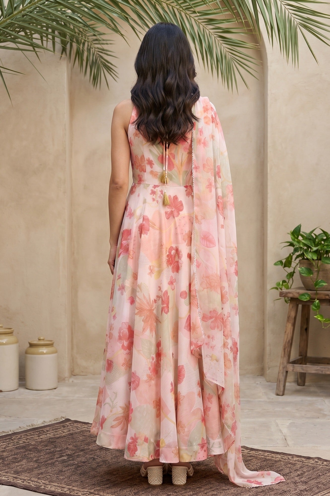 Pink Floral Printed Flared Dress with Dupatta Set