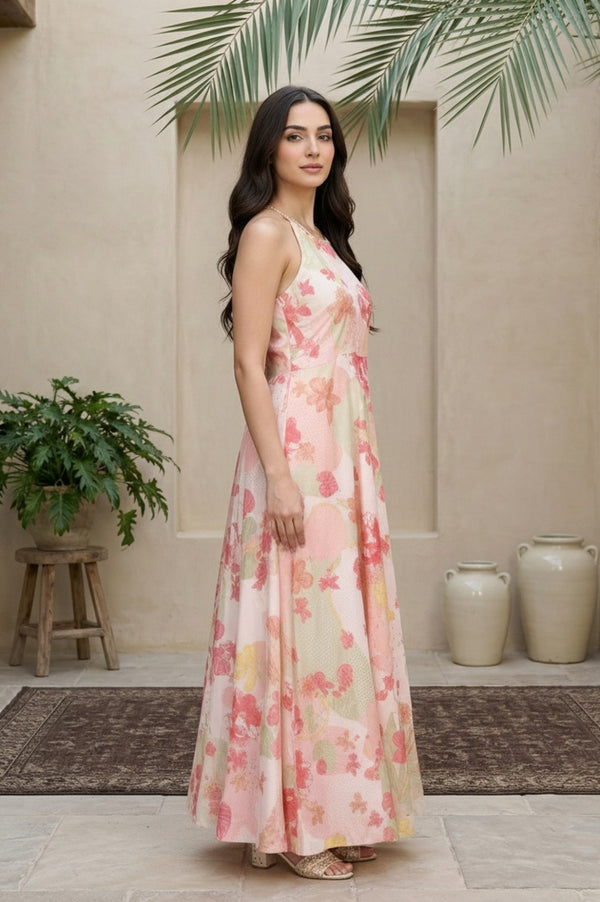 Pink Floral Printed Flared Dress with Dupatta Set