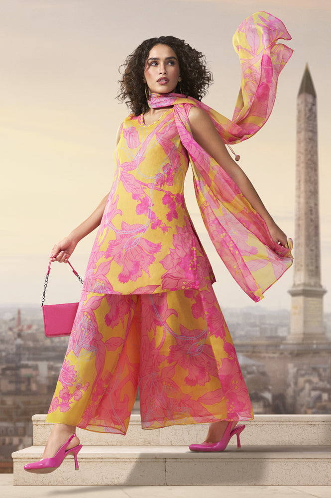 Yellow Floral Printed Tassels Straight Kurta with Flared Pants and Dupatta Set