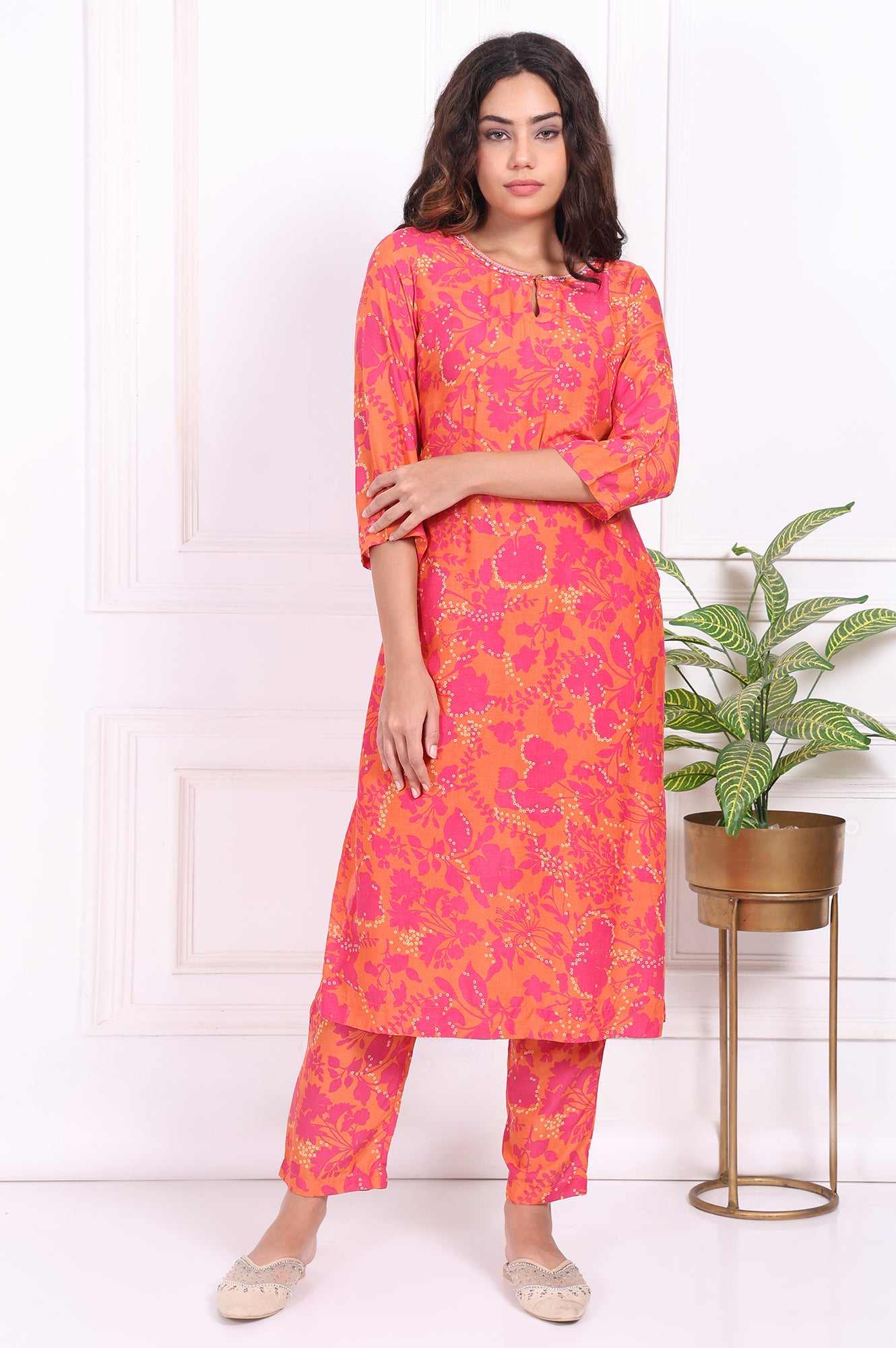 Orange Floral Printed Mirror work Modal Straight Kurta