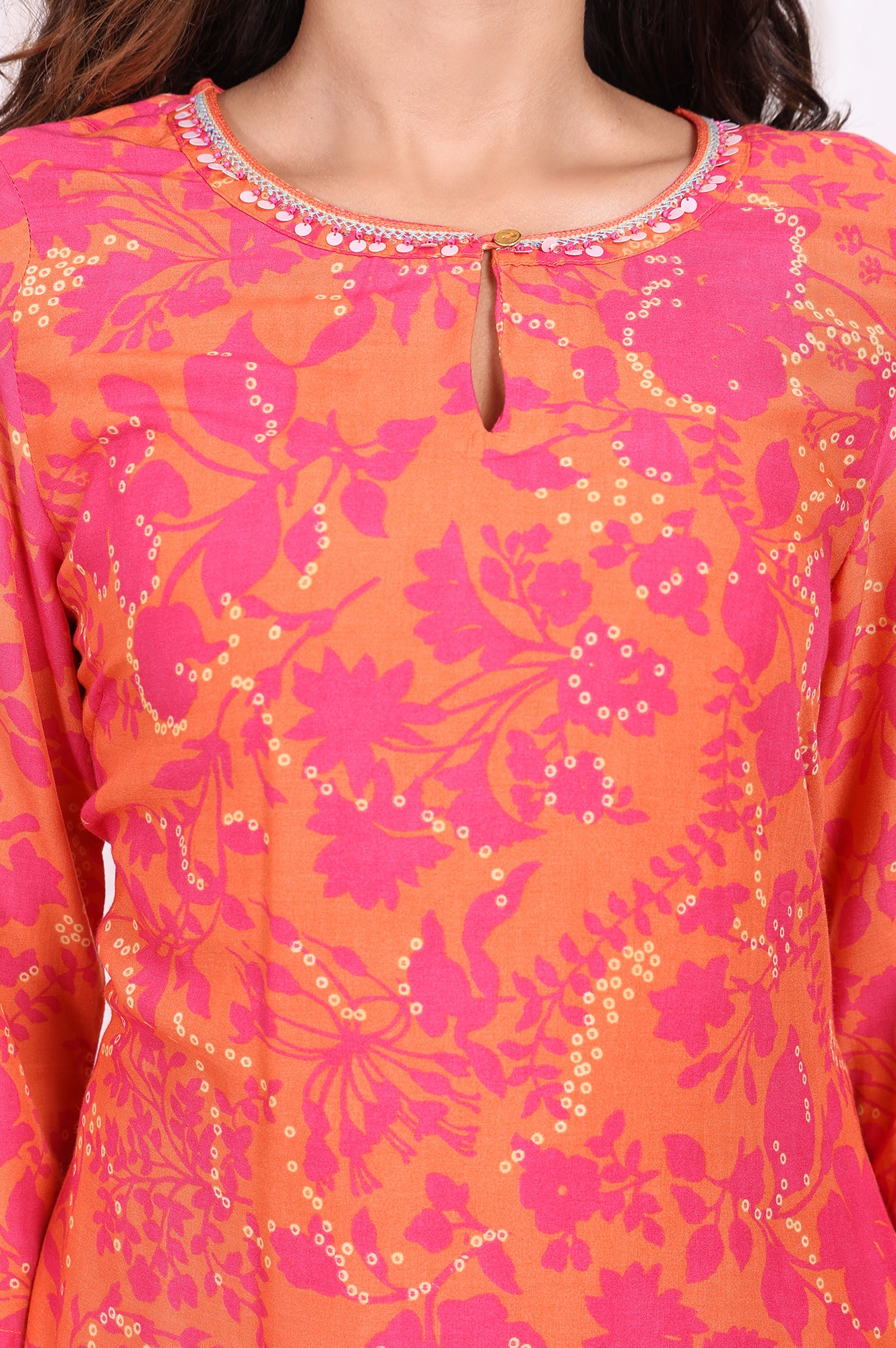 Orange Floral Printed Sequined Straight Modal Kurta with Straight Pant Set