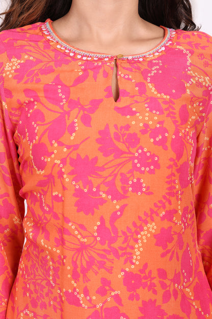 Orange Floral Printed Sequined Straight Modal Kurta with Straight Pant Set