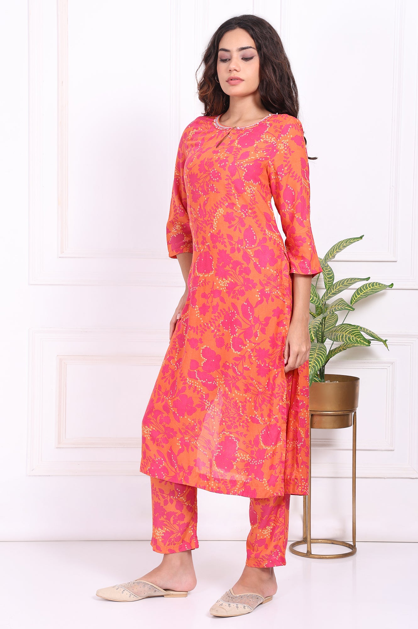 Orange Floral Printed Mirror work Modal Straight Kurta