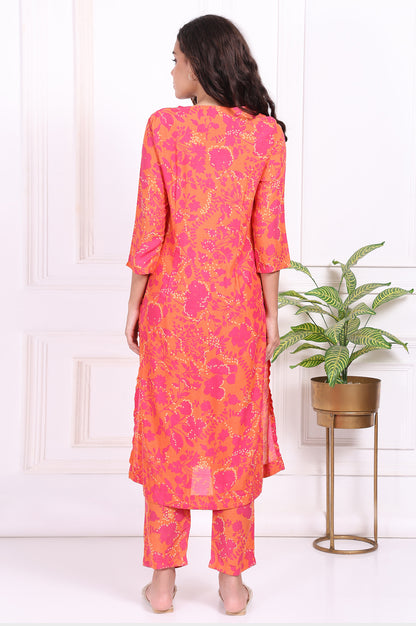 Orange Floral Printed Mirror work Modal Straight Kurta