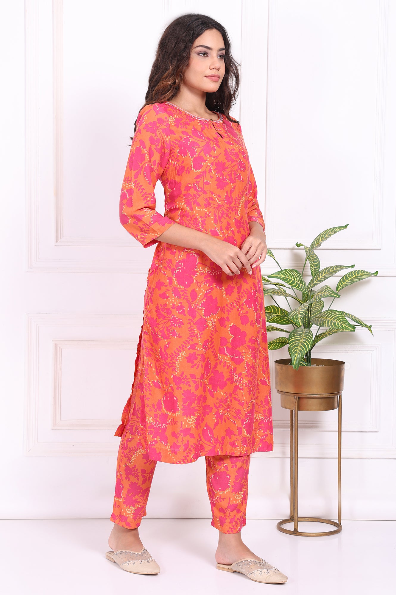 Orange Floral Printed Modal Mid Rise Ankle Length Straight Pants