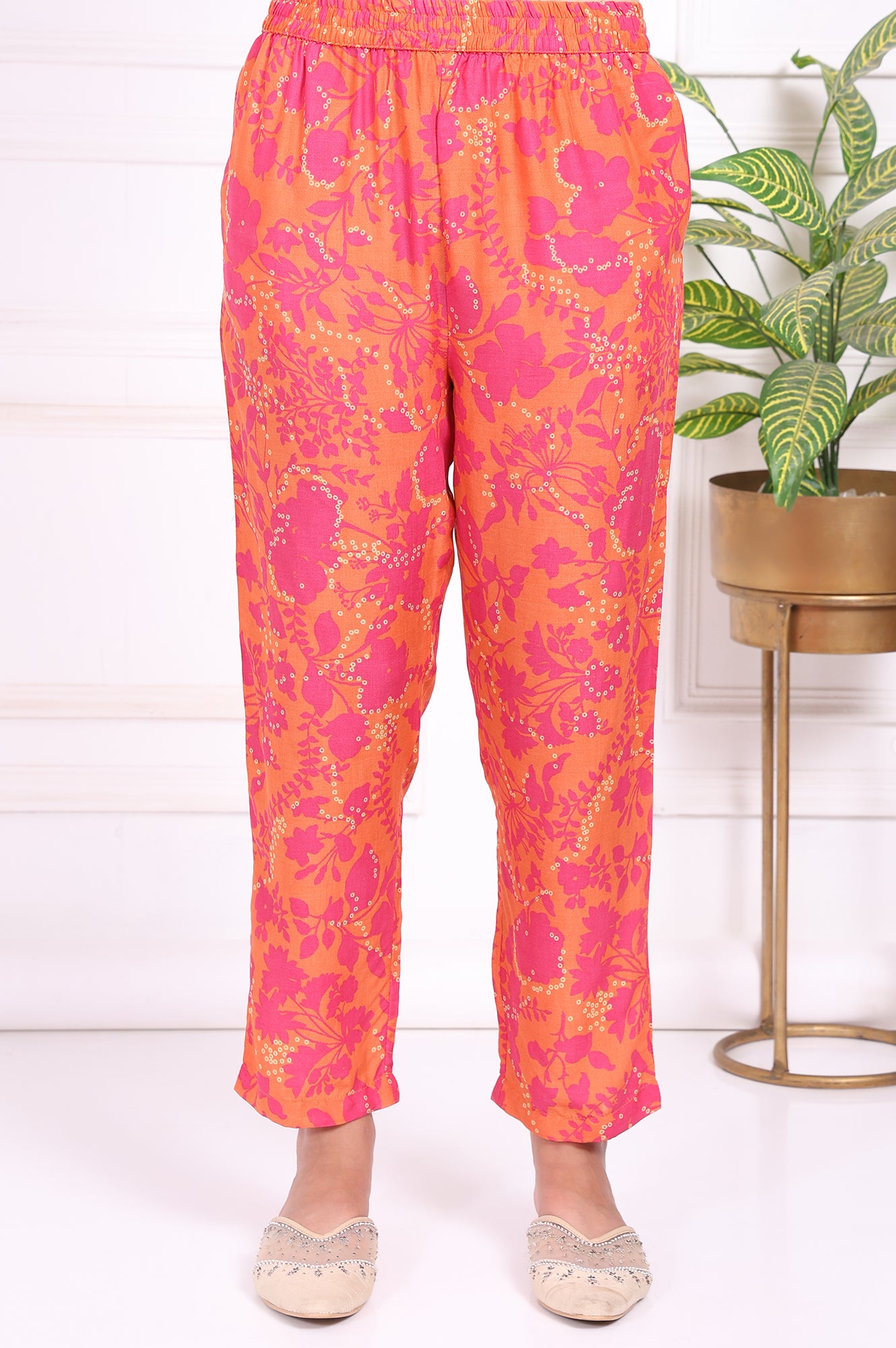 Orange Floral Printed Mirror work Modal Straight Kurta