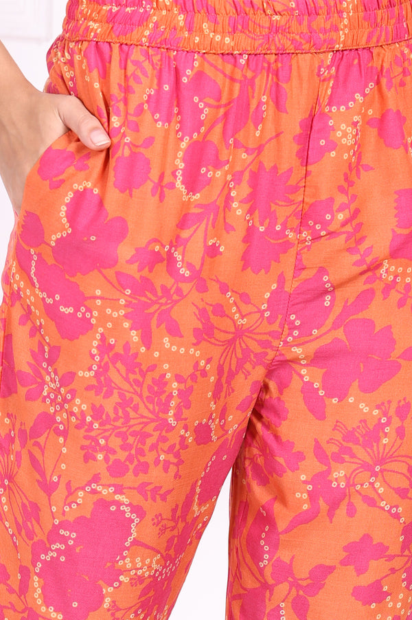 Orange Floral Printed Mirror work Modal Straight Kurta