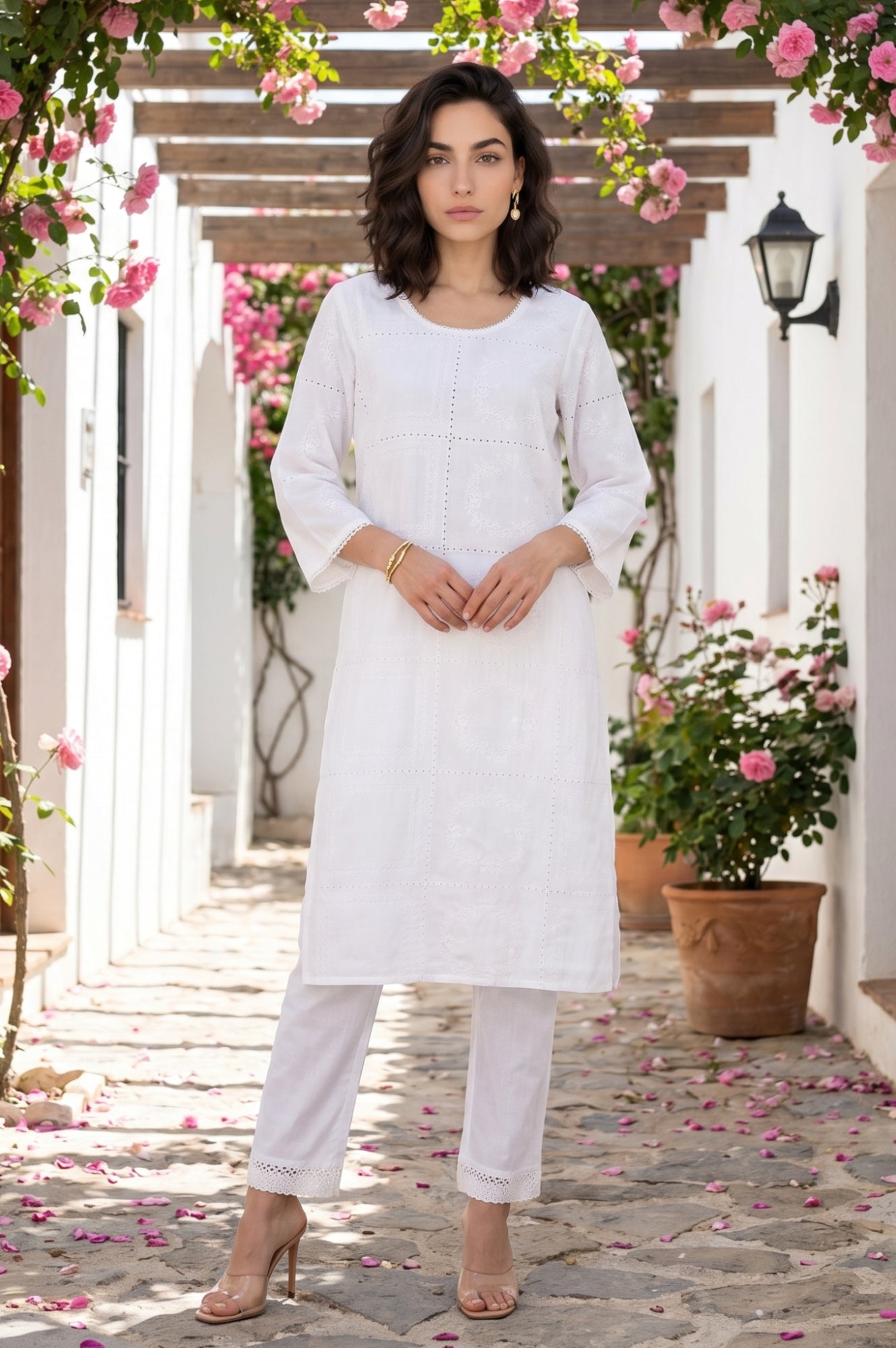 White Schiffli Thread Embroidered Cotton Rayon Straight Kurta With Pants Co-ord Set