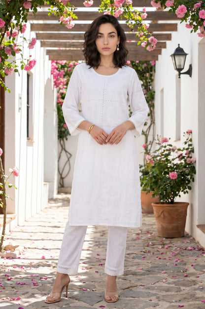 White Schiffli Thread Embroidered Cotton Rayon Straight Kurta With Pants Co-ord Set