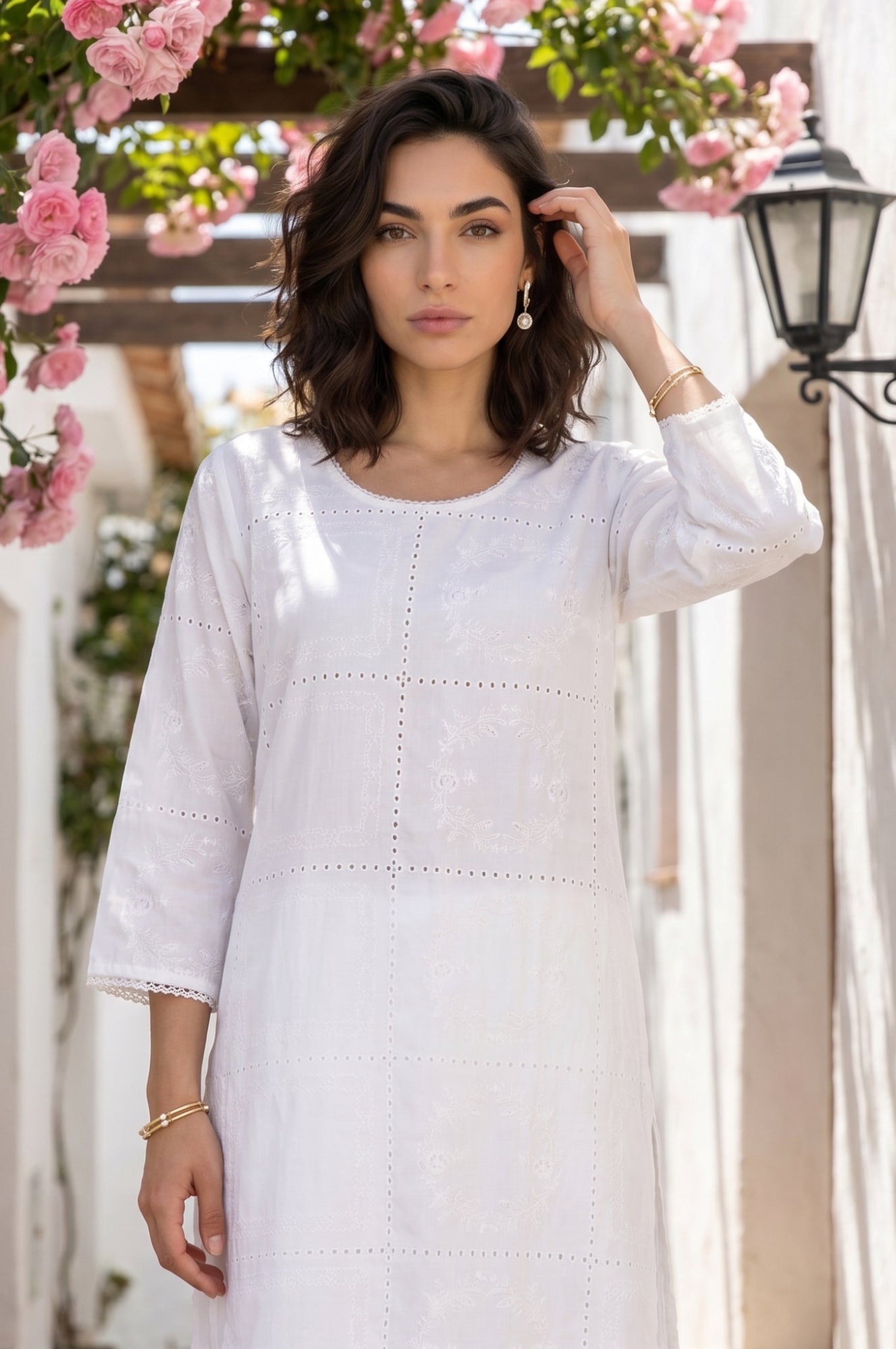 White Schiffli Thread Embroidered Cotton Rayon Straight Kurta With Pants Co-ord Set