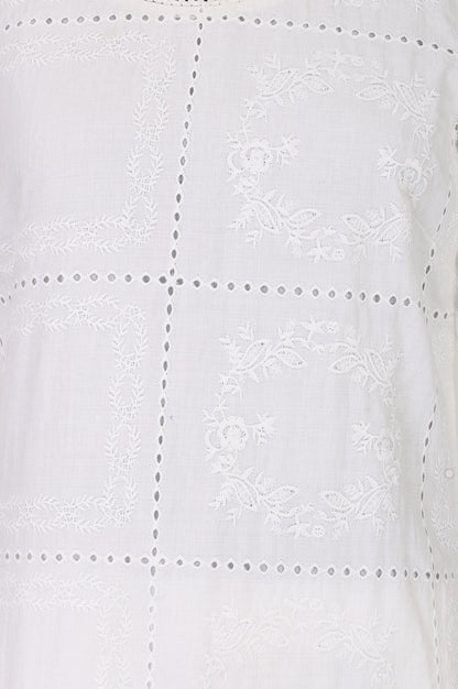 White Schiffli Thread Embroidered Cotton Rayon Straight Kurta With Pants Co-ord Set