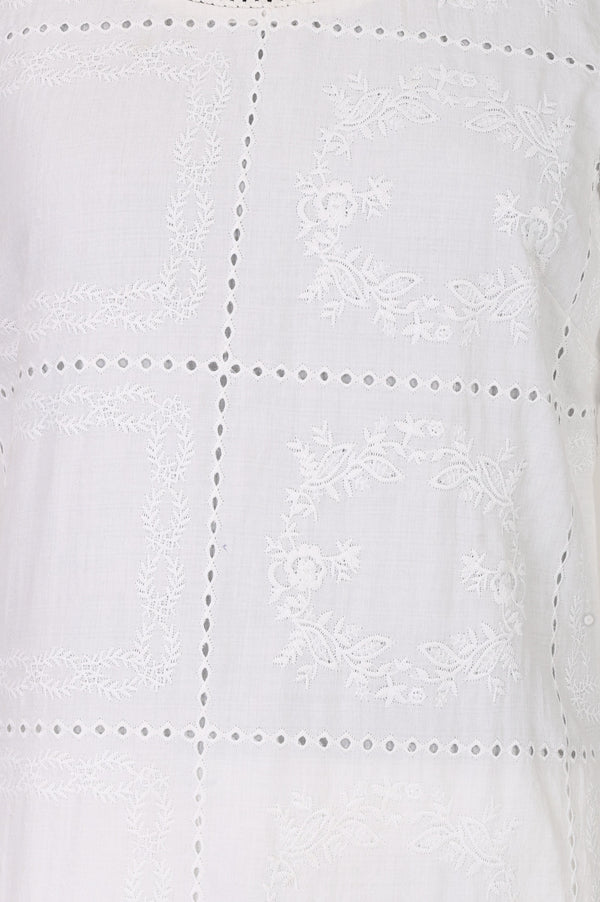 White Schiffli Thread Embroidered Cotton Rayon Straight Kurta With Pants Co-ord Set