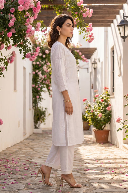 White Schiffli Thread Embroidered Cotton Rayon Straight Kurta With Pants Co-ord Set