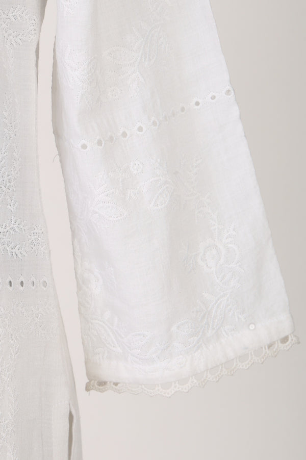 White Schiffli Thread Embroidered Cotton Rayon Straight Kurta With Pants Co-ord Set