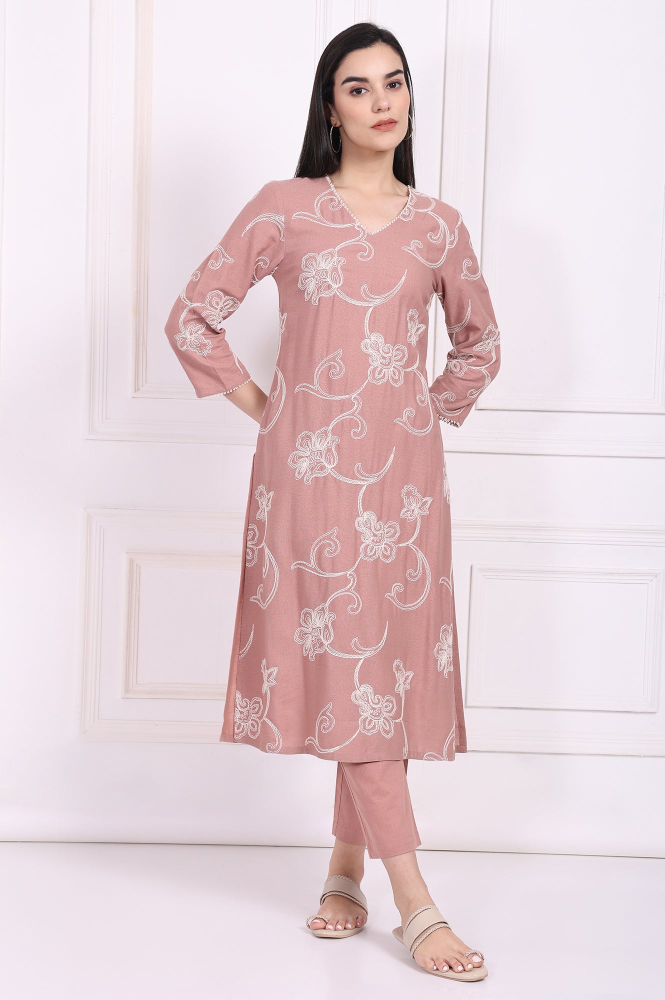 Pink Embroidered Straight Rayon Kurta with Straight Pant