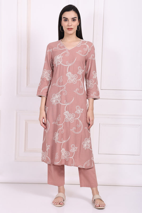 Pink Embroidered Straight Rayon Kurta with Straight Pant