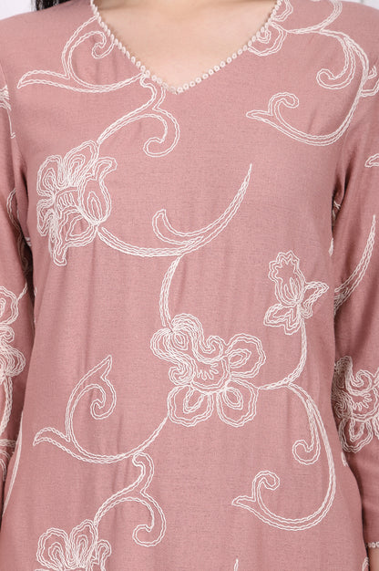 Pink Embroidered Straight Rayon Kurta with Straight Pant