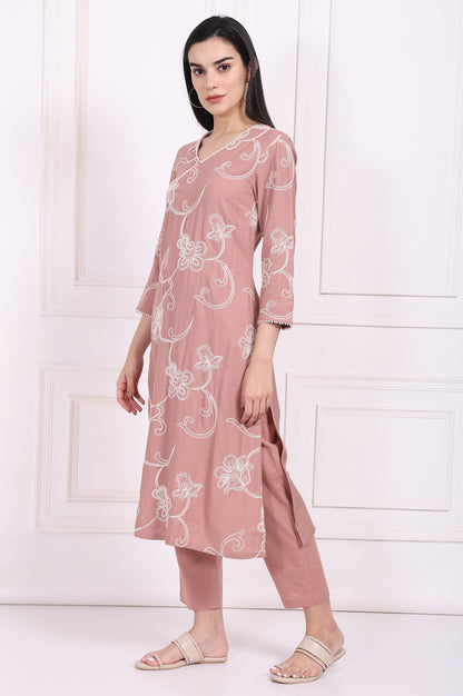 Pink Embroidered Straight Rayon Kurta with Straight Pant