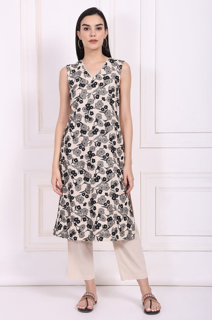 Beige Embroidered A-Line Rayon Kurta with Straight Pant