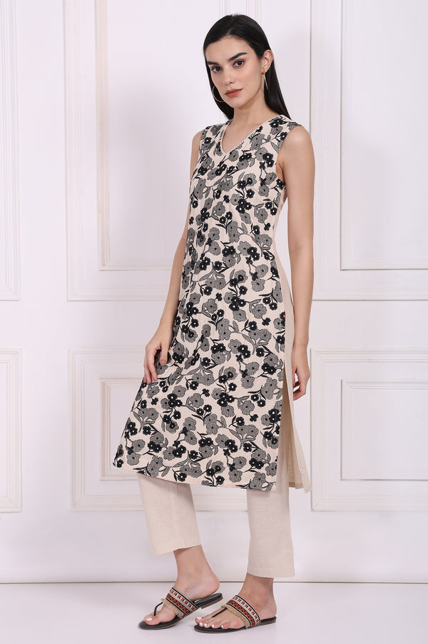 Beige Embroidered A-Line Rayon Kurta with Straight Pant