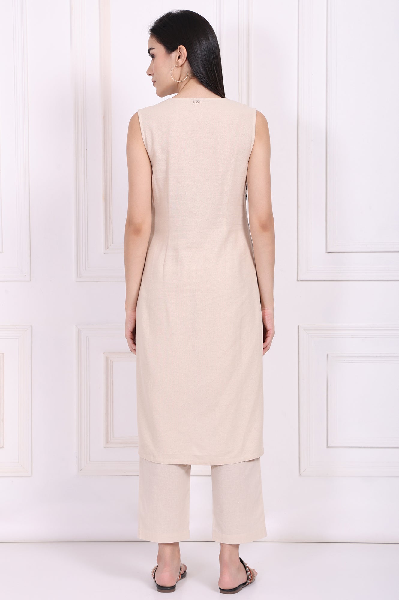 Beige Embroidered A-Line Rayon Kurta with Straight Pant