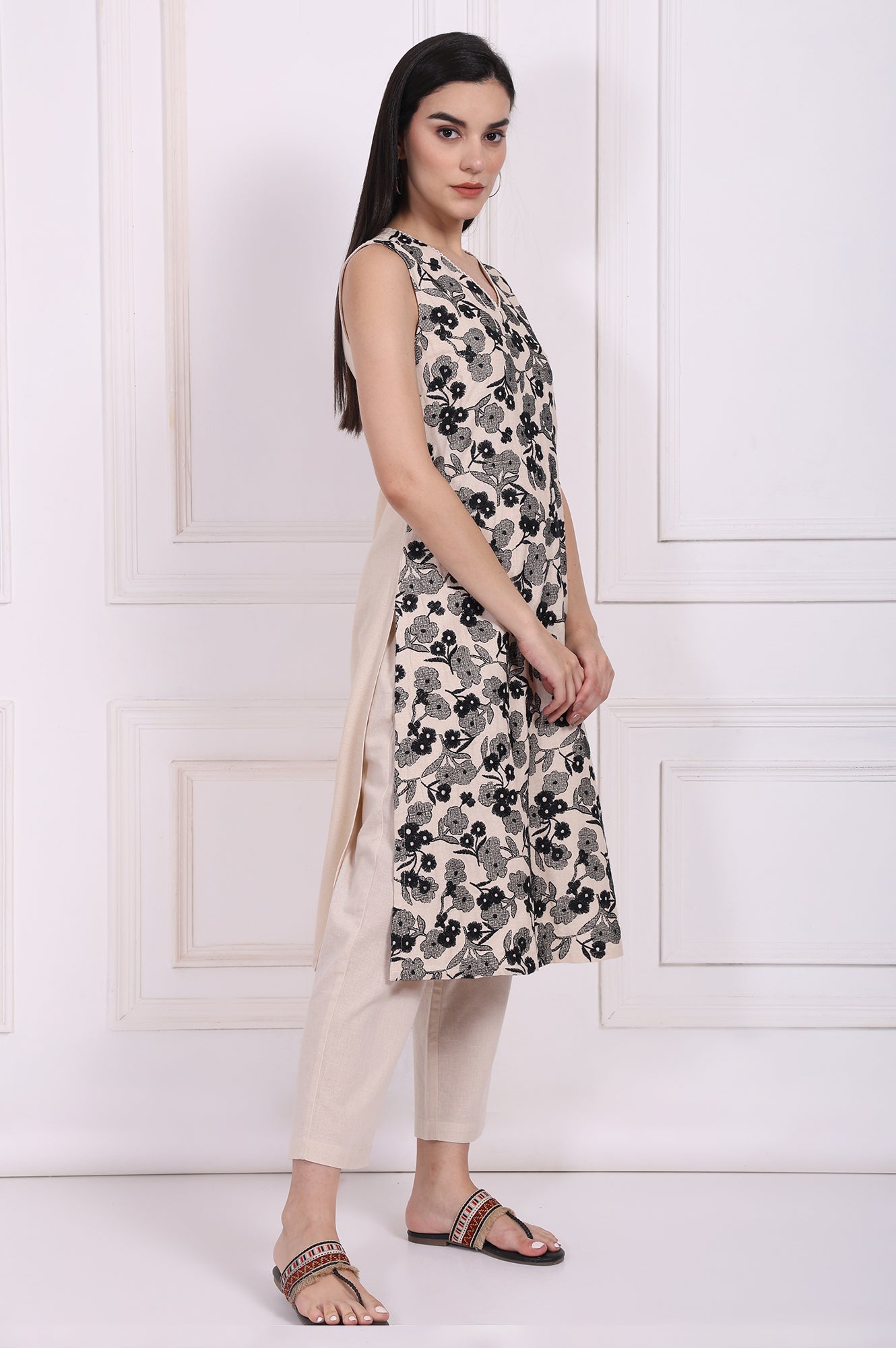 Beige Embroidered A-Line Rayon Kurta with Straight Pant
