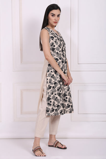 Beige Embroidered A-Line Rayon Kurta with Straight Pant