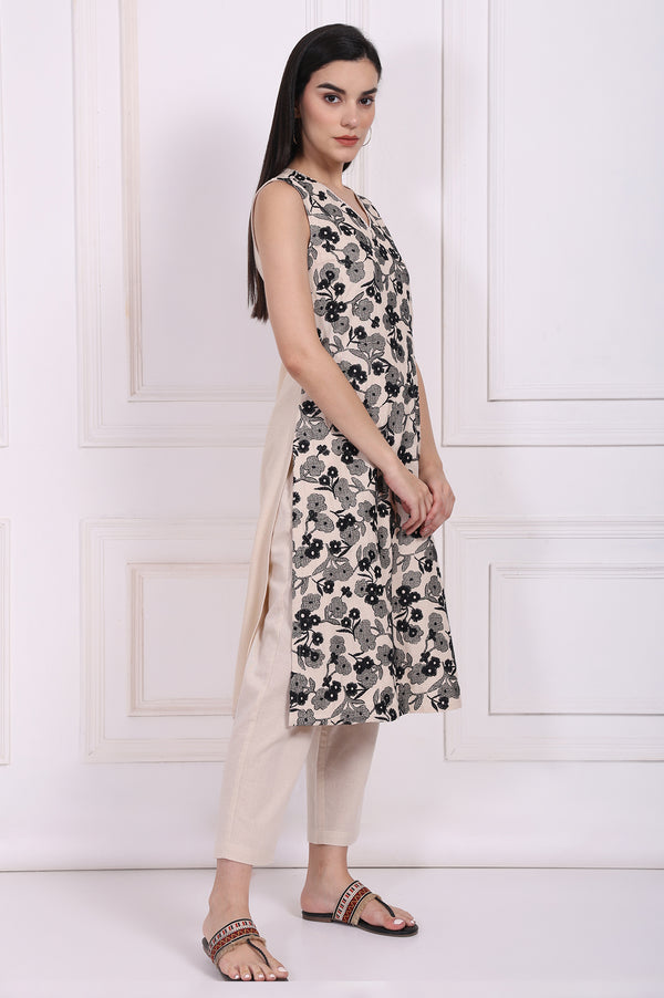Beige Embroidered A-Line Rayon Kurta with Straight Pant