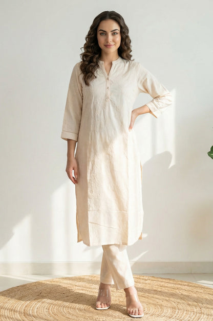 Off White Chikankari Rayon Straight Kurta with Pants Co-ord Set