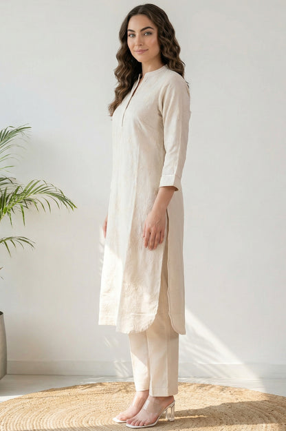 Off White Chikankari Rayon Straight Kurta with Pants Co-ord Set