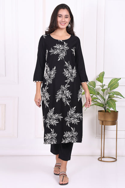Black Floral Printed Embroidered Rayon Straight Kurta and Pants Set