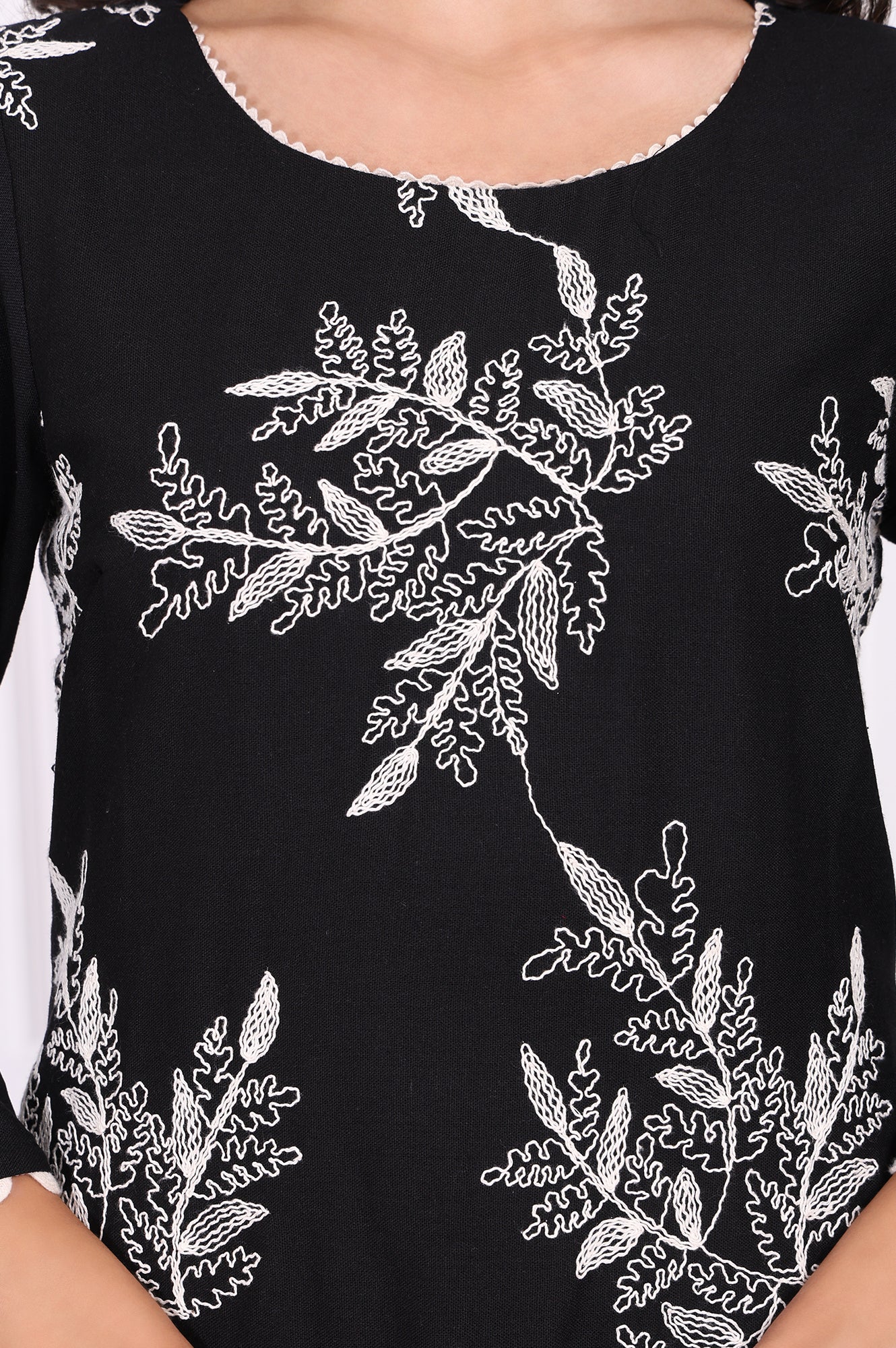 Black Floral Printed Embroidered Rayon Straight Kurta and Pants Set