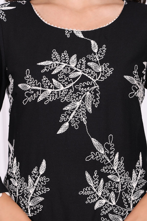 Black Floral Printed Embroidered Rayon Straight Kurta and Pants Set