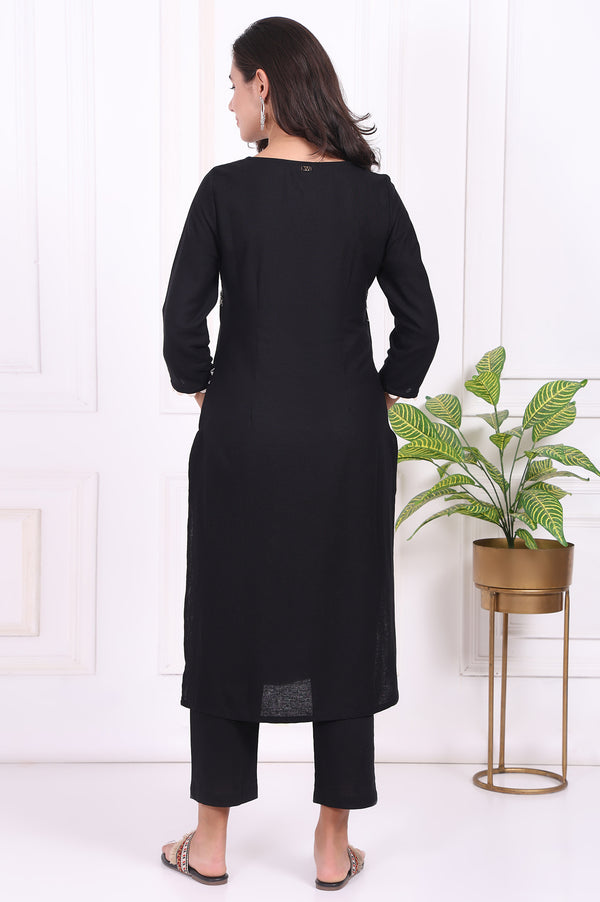 Black Floral Printed Embroidered Rayon Straight Kurta and Pants Set